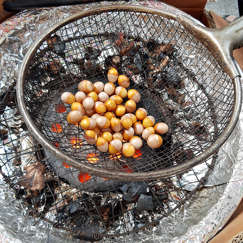 Raw ginkgo seeds inside a metal sieve are being roasted over a large burning coal briquette..